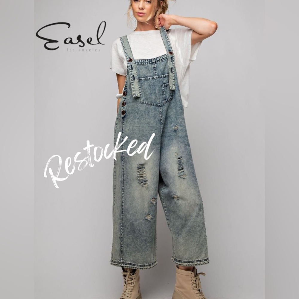 Easel Blue Distressed Denim Jumpsuit NWT